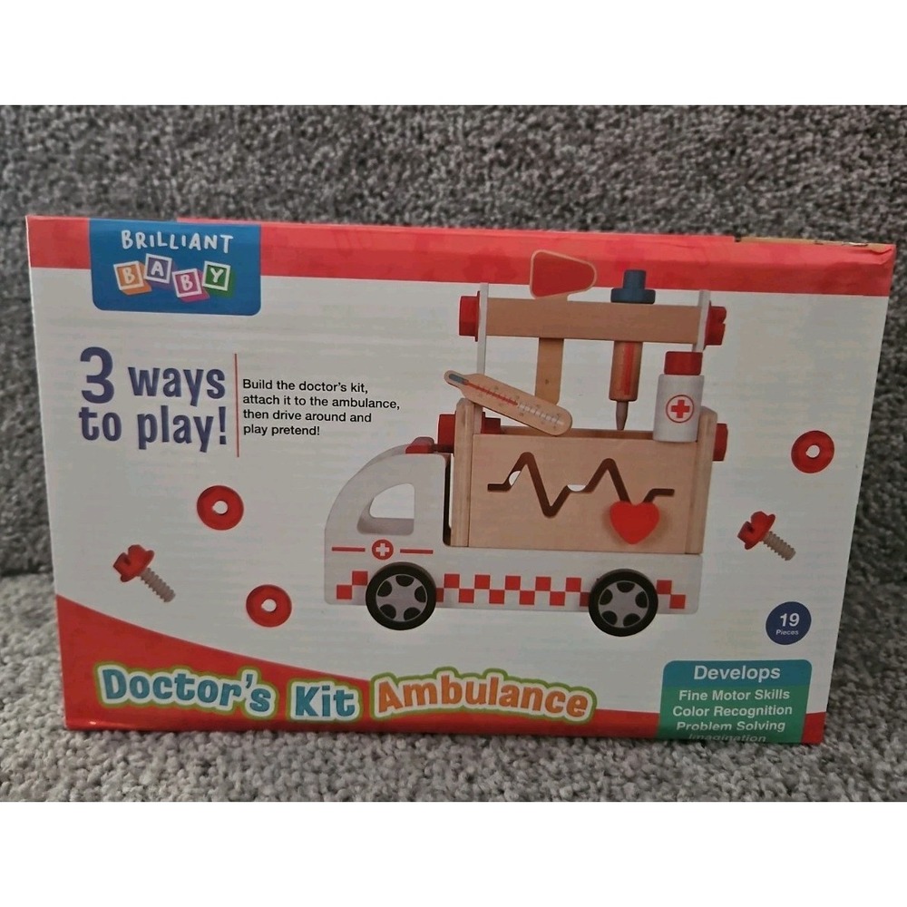 Wooden Doctors Kit Ambulance. 19pcs. New